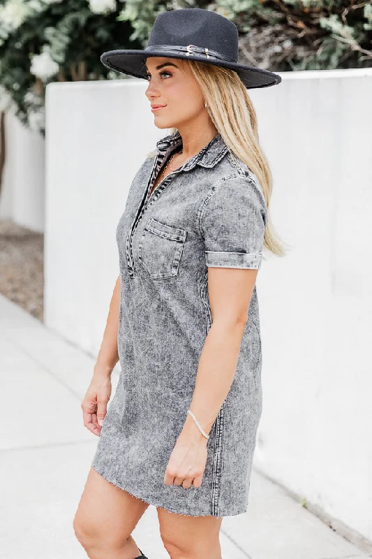 Pretty In Chambray Charcoal Acid Wash Dress FINAL SALE