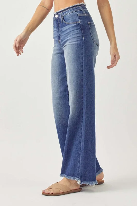 Risen High Rise Wide Leg Raw Hem Jeans