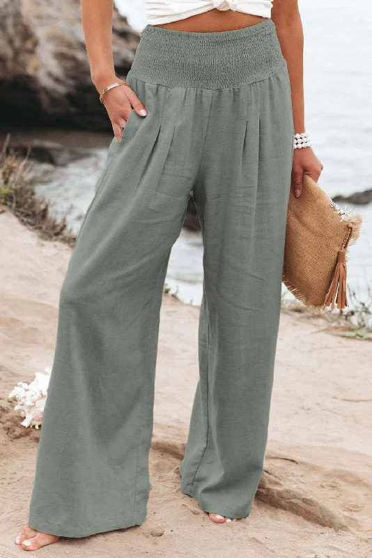 Loose Smocked High Waist Wide Leg Trousers