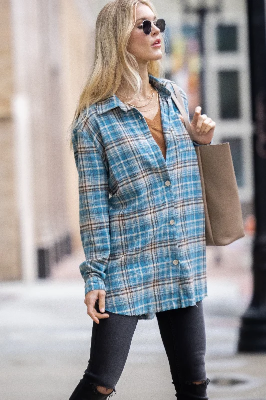 Teal Plaid Boyfriend Shirt With Raw Hem