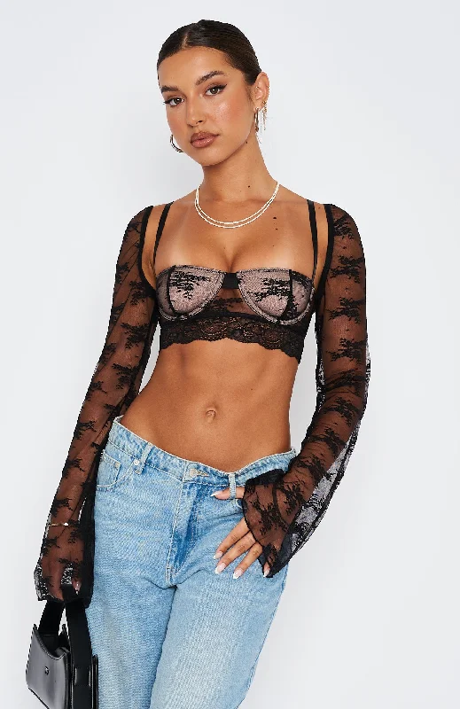 Hold It Down Long Sleeve Lace Crop Black