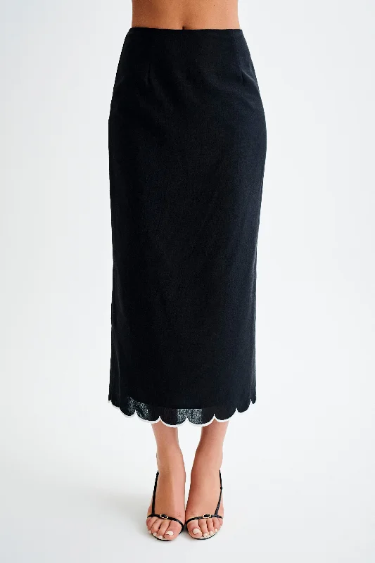 Alessio Scalloped Midi Skirt - Black