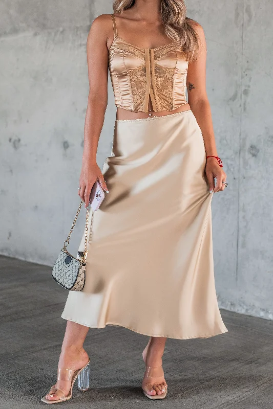 Chic Endeavors Satin Midi Skirt (Champagne)