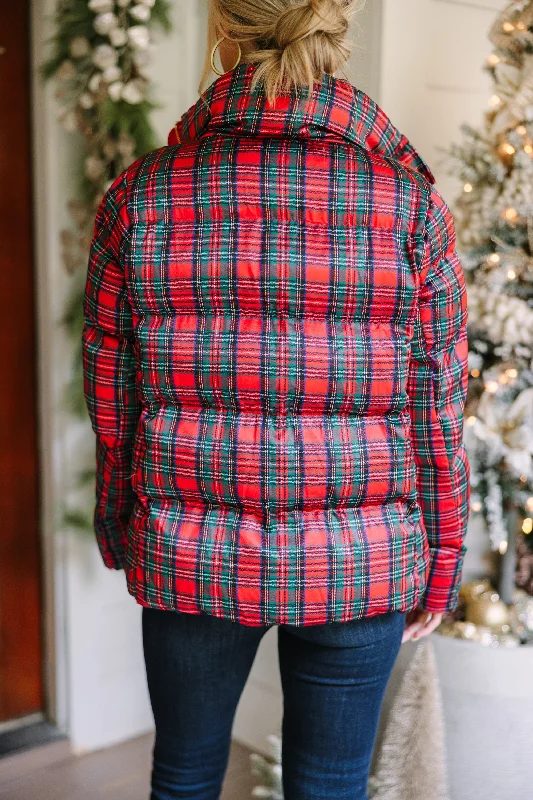 More The Merrier Red Tartan Plaid Puffer Jacket