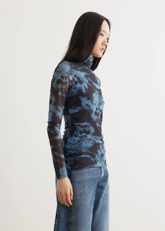 Printed Mesh Long Sleeve Rollneck Top