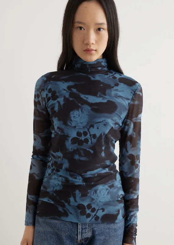 Printed Mesh Long Sleeve Rollneck Top