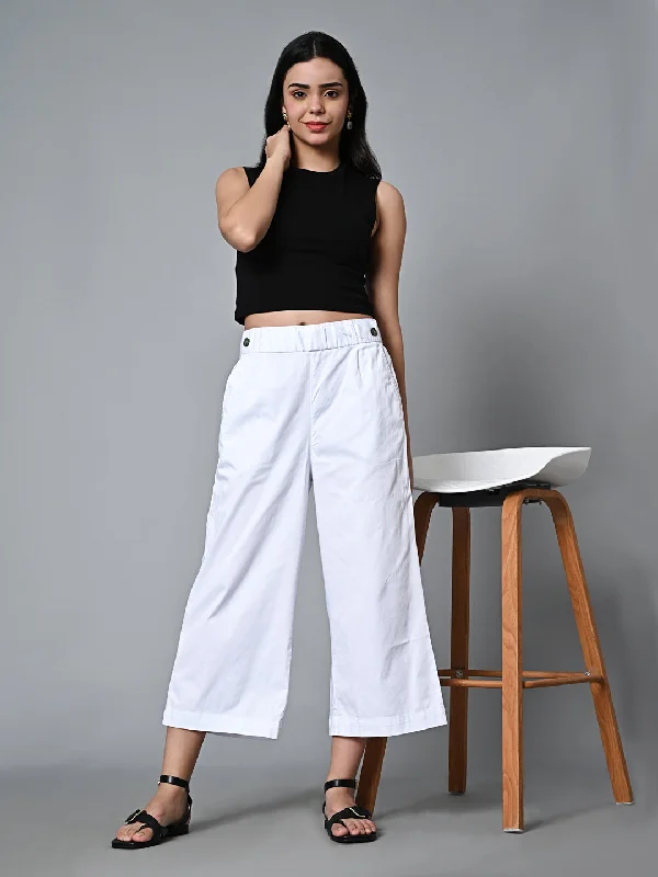 Women's White Cotton Elastane Regular Fit Culotte