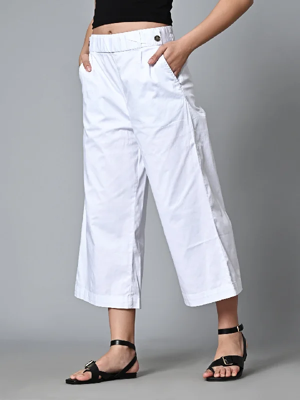 Women's White Cotton Elastane Regular Fit Culotte