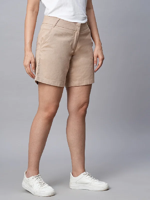 Women's Beige Cotton Lycra Regular Fit Shorts