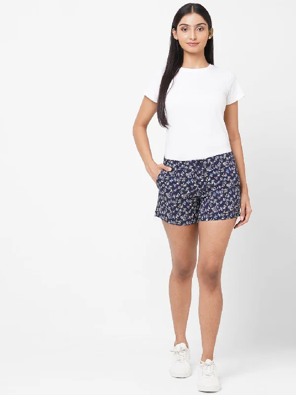 Women's Navy Cotton Lycra Regular Fit Shorts