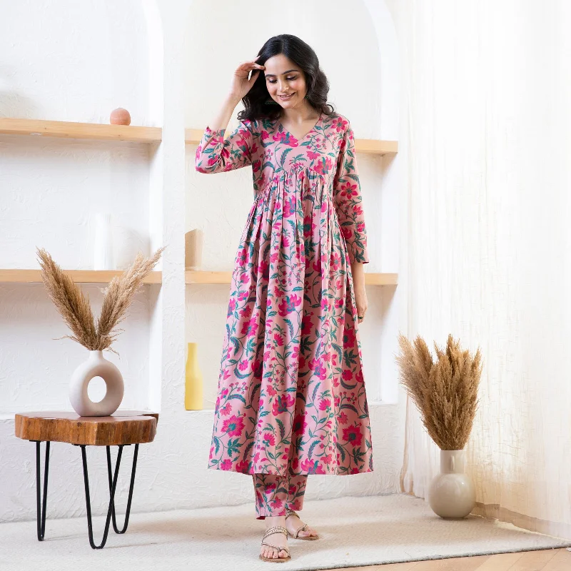 Baby Pink Floral Front Gathered Kurta Pant Co-ord Set