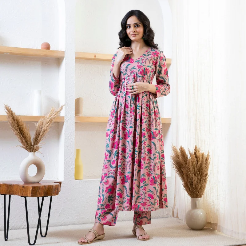 Baby Pink Floral Front Gathered Kurta Pant Co-ord Set