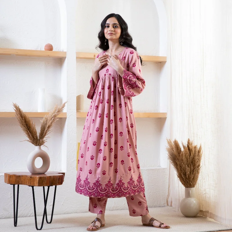 Baby Pink Myra V Neck Kurta Pant Co-ord Set