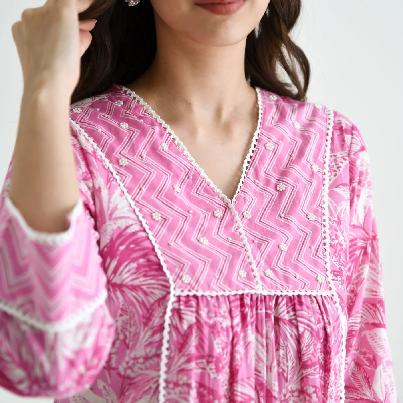 Baby Pink Sanganeri Cotton Co-ord Set with Embroidery & Lace Details