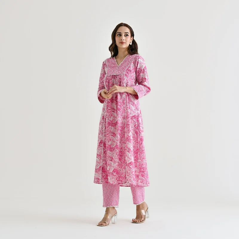 Baby Pink Sanganeri Cotton Co-ord Set with Embroidery & Lace Details