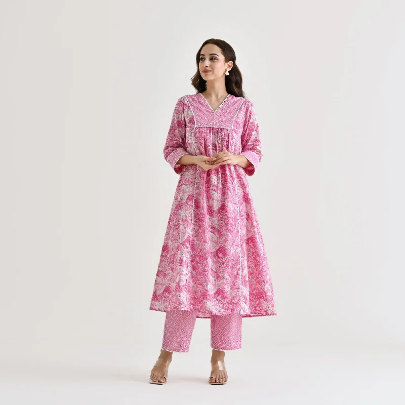 Baby Pink Sanganeri Cotton Co-ord Set with Embroidery & Lace Details