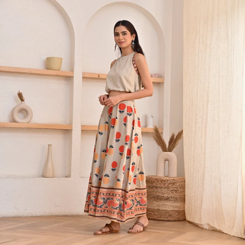 Beige Crop Top Sharara Set with Foil Print