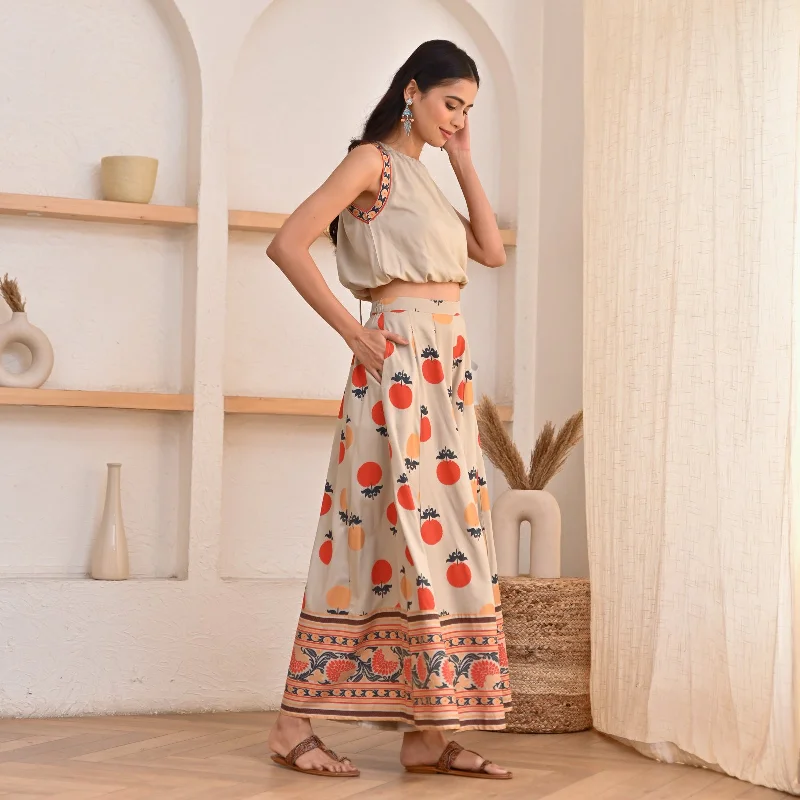 Beige Crop Top Sharara Set with Foil Print