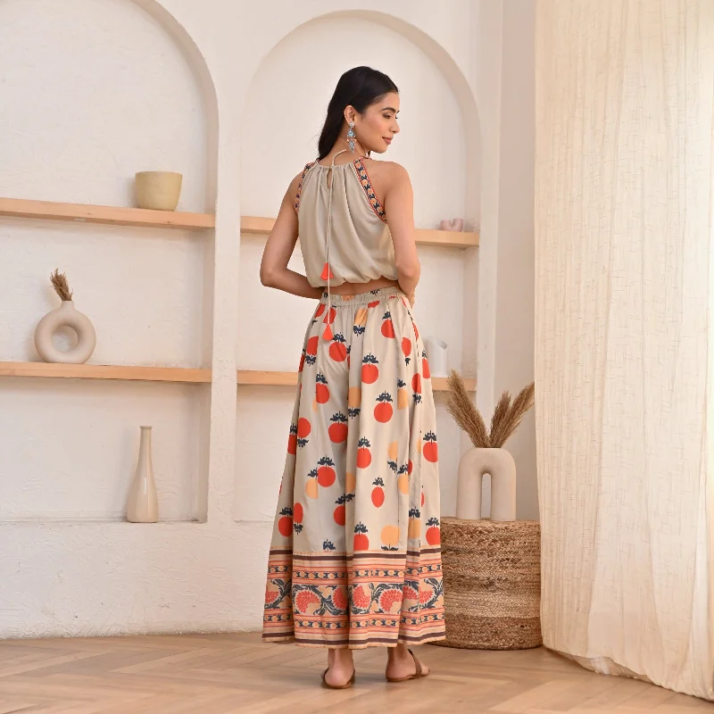 Beige Crop Top Sharara Set with Foil Print