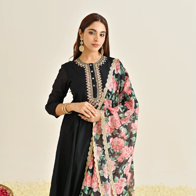 Black Anarkali Set with Floral Printed Dupatta & Yoke Embroidery