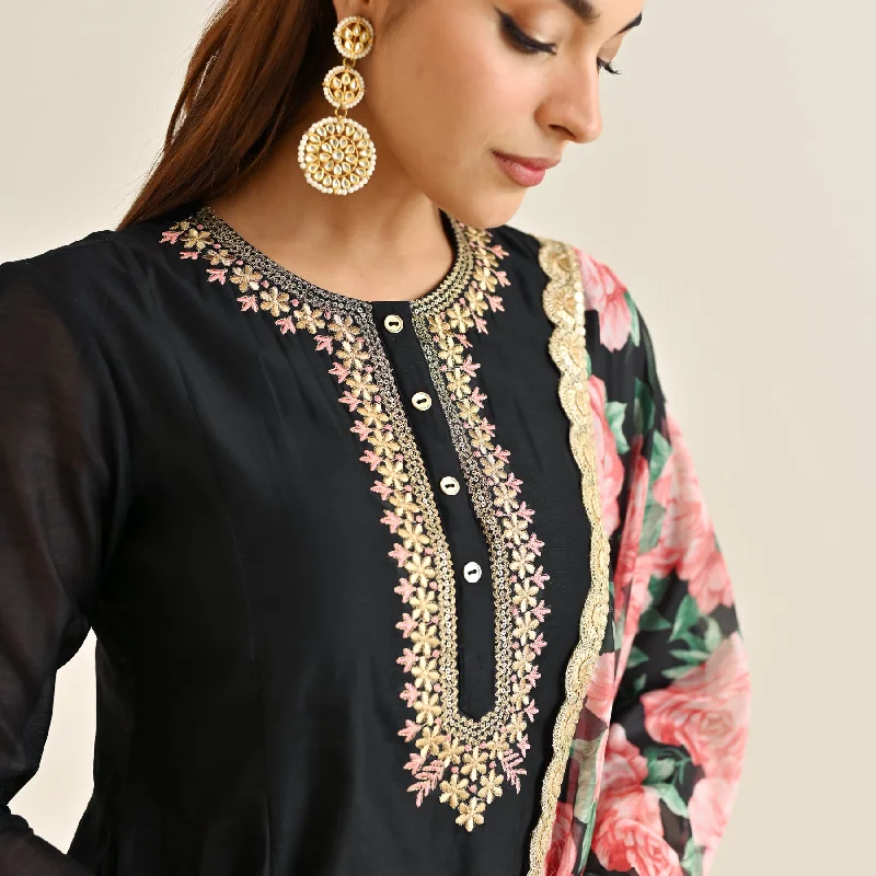 Black Anarkali Set with Floral Printed Dupatta & Yoke Embroidery