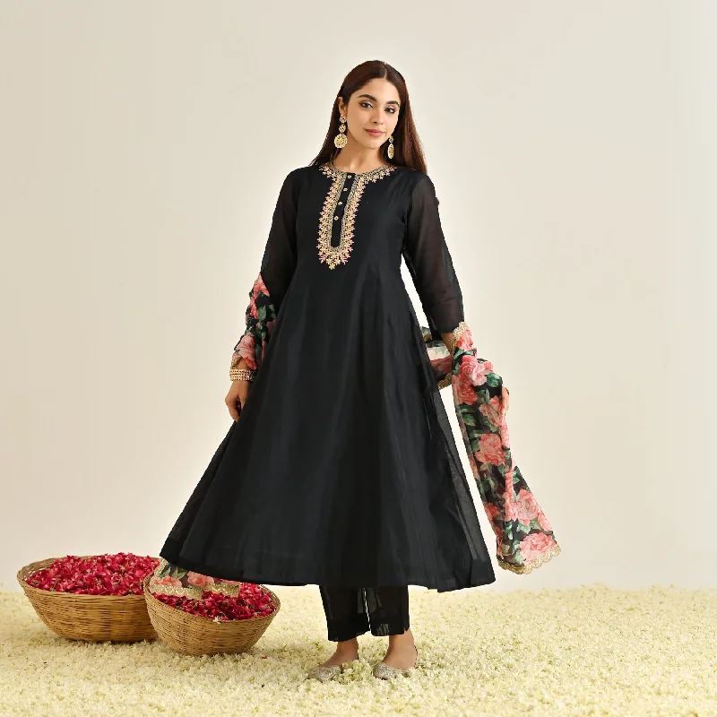 Black Anarkali Set with Floral Printed Dupatta & Yoke Embroidery