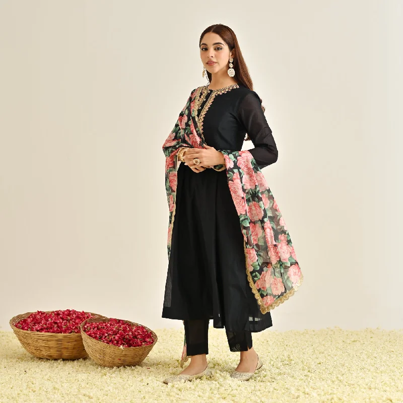 Black Anarkali Set with Floral Printed Dupatta & Yoke Embroidery