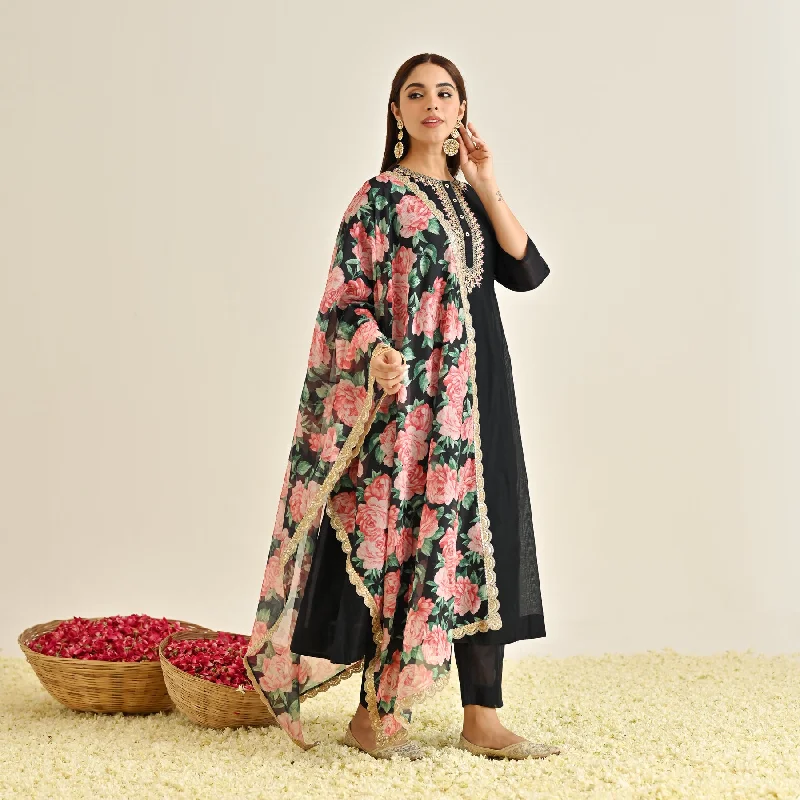 Black Anarkali Set with Floral Printed Dupatta & Yoke Embroidery