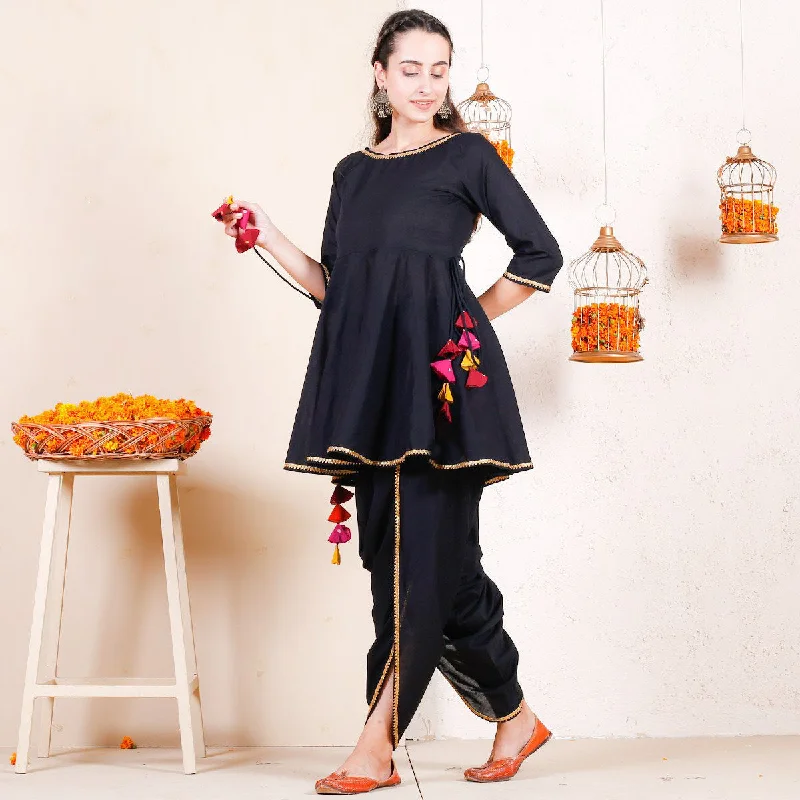 Black Dhoti Peplum Top Set with Multicolour Tassels