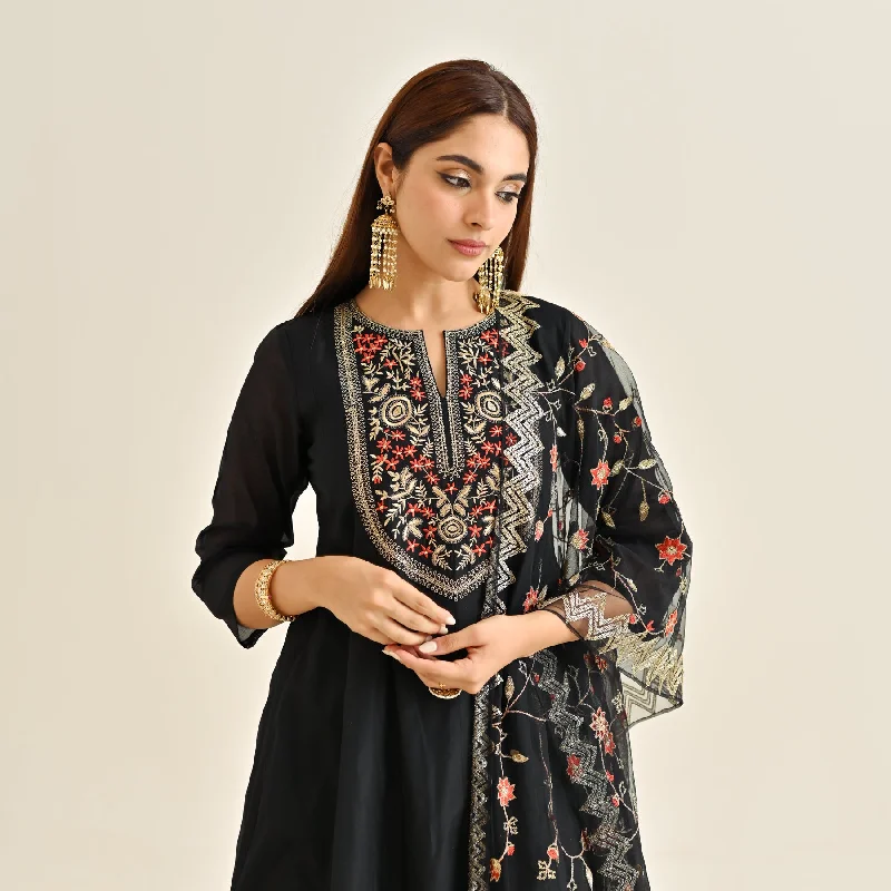 Black Festive Anarkali Set with Embroidered Dupatta & Yoke Detail