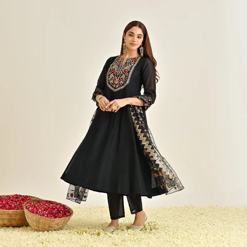 Black Festive Anarkali Set with Embroidered Dupatta & Yoke Detail