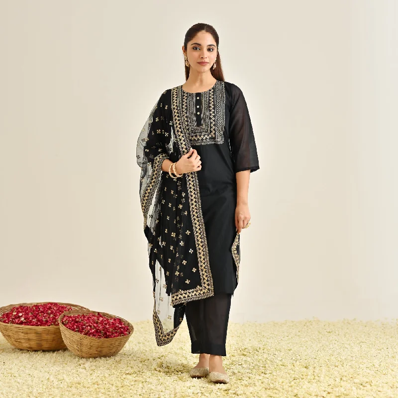 Black Festive Embroidered Kurta Set with Embroidered Dupatta