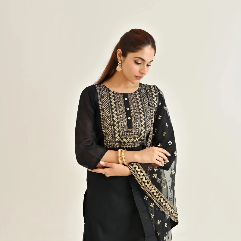 Black Festive Embroidered Kurta Set with Embroidered Dupatta