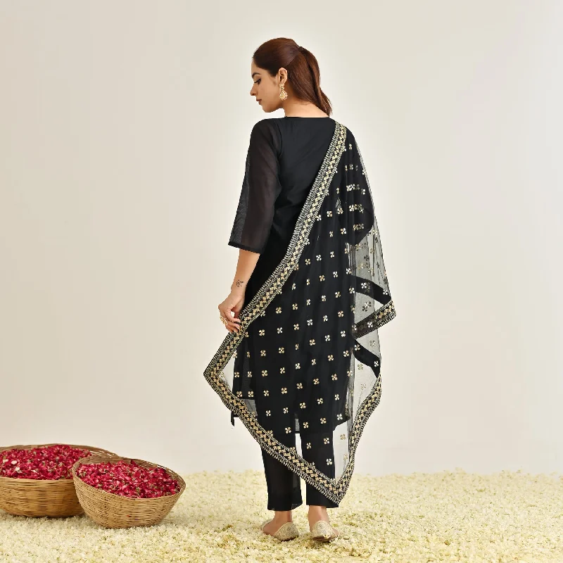 Black Festive Embroidered Kurta Set with Embroidered Dupatta