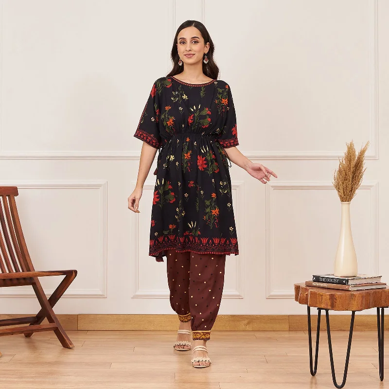 Black Floral Drawstring Kurta Salwar Co-ord Set