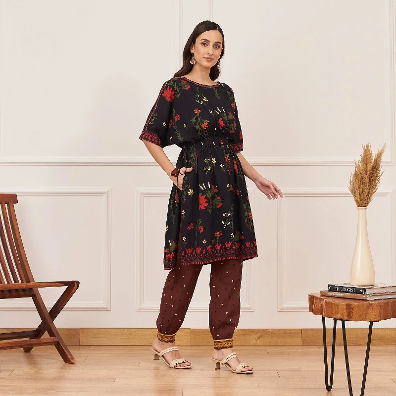 Black Floral Drawstring Kurta Salwar Co-ord Set