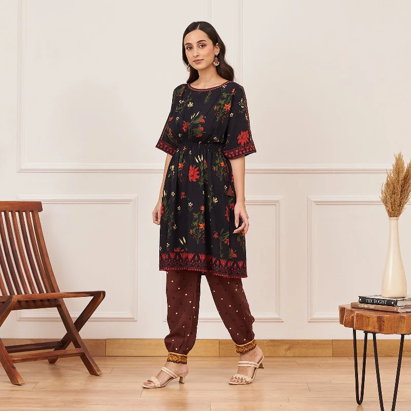 Black Floral Drawstring Kurta Salwar Co-ord Set