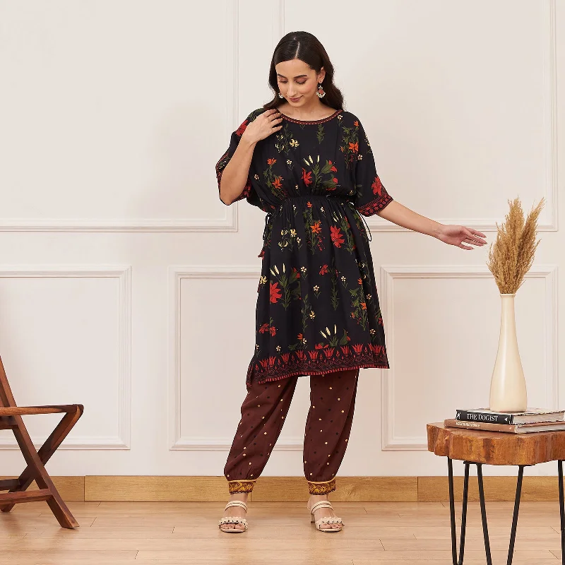 Black Floral Drawstring Kurta Salwar Co-ord Set