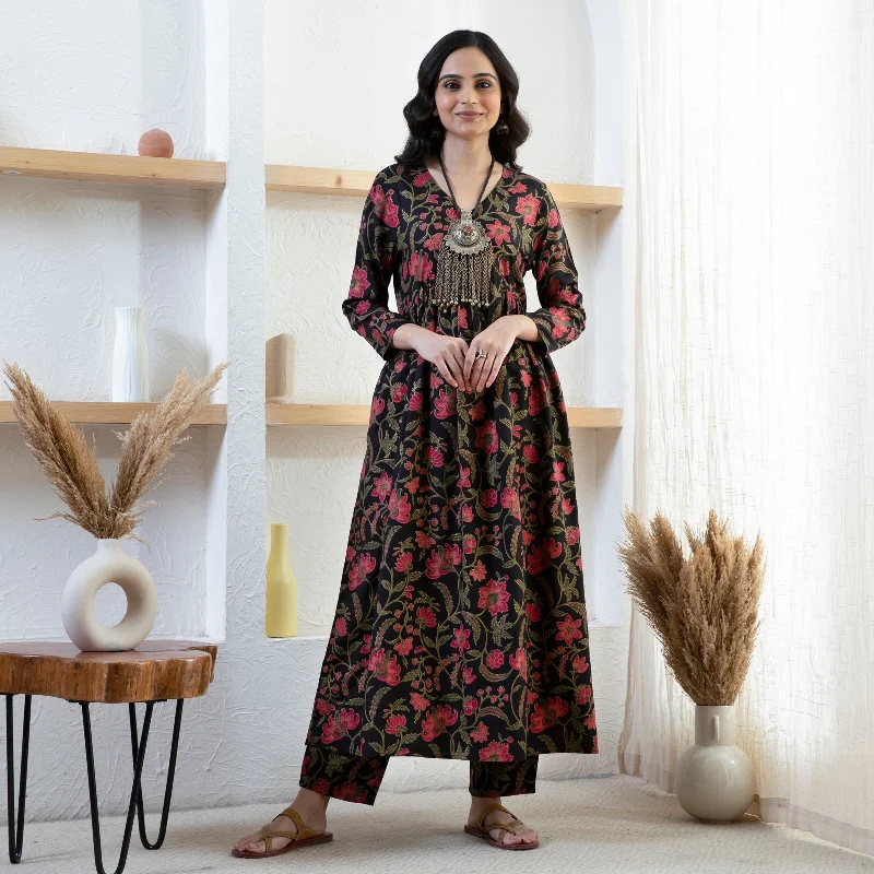 Black Floral Front Gathered Kurta Pants Co ord Set