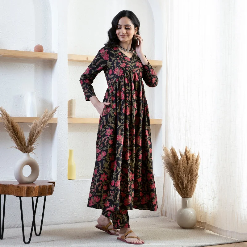 Black Floral Front Gathered Kurta Pants Co ord Set