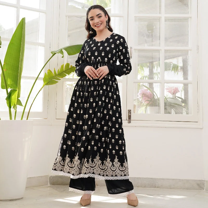 Black Front Gathered Kurta Pant Co-ord Set