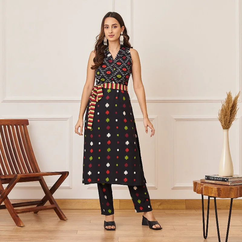 Black Ikat Inspired Kurta Pant Co ord Set with Belt