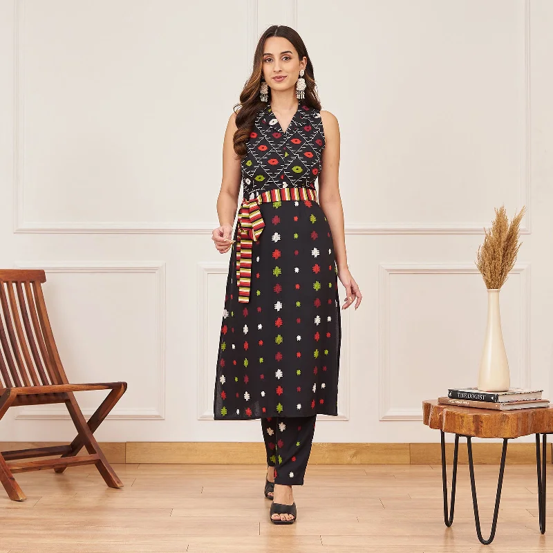 Black Ikat Inspired Kurta Pant Co ord Set with Belt