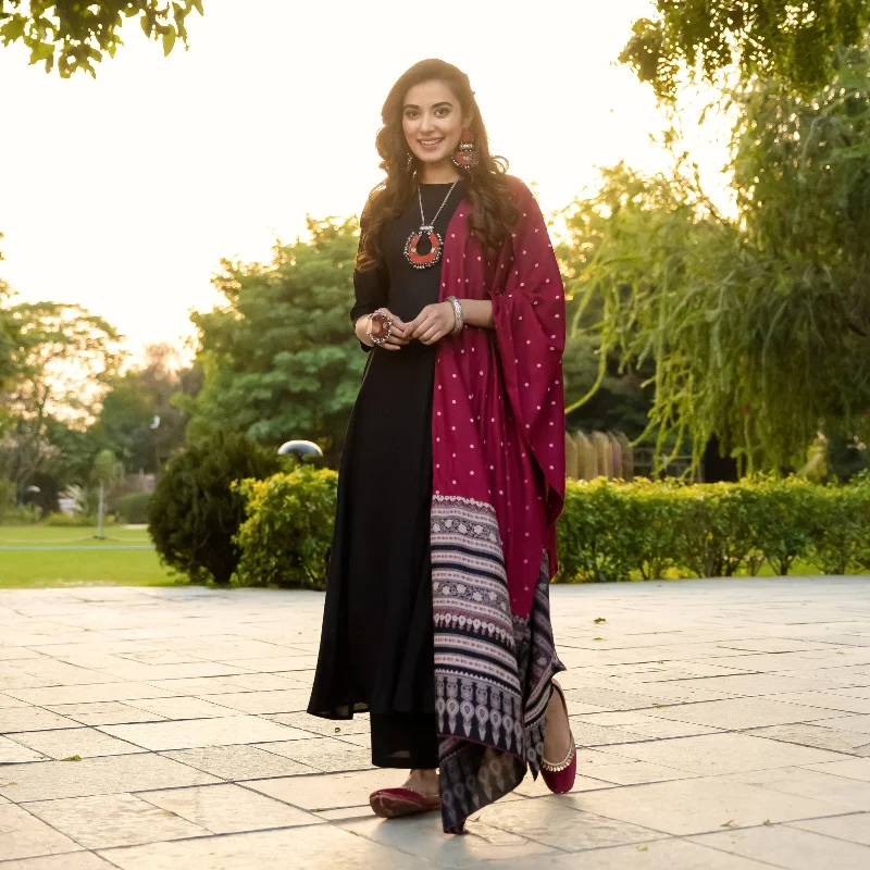 Black Flared Kurta Palazzo Set with Maroon Polka & Black Buta Dupatta