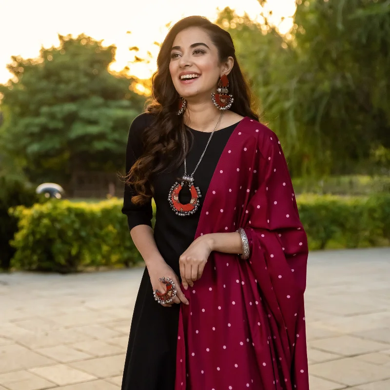 Black Flared Kurta Palazzo Set with Maroon Polka & Black Buta Dupatta