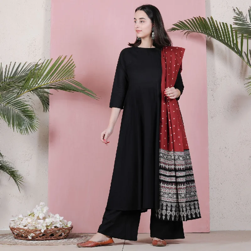 Black Flared Kurta Palazzo Set with Maroon Polka & Black Buta Dupatta