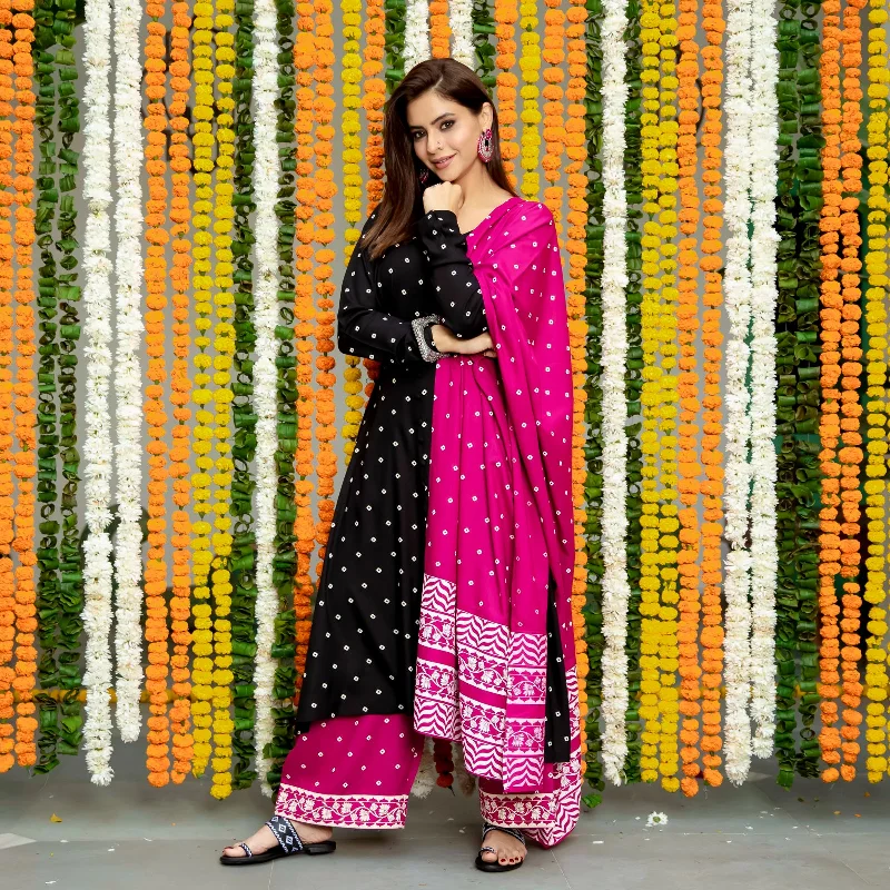 Black & Pink Buttoned Kurta Dupatta Pant Set with Pompoms - SOM