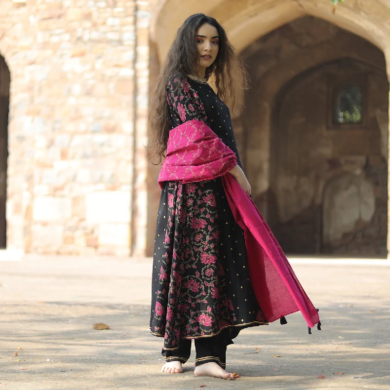 Black & Pink Lotus Printed Full Kurta Set for Women with Dupatta & Tassel Details