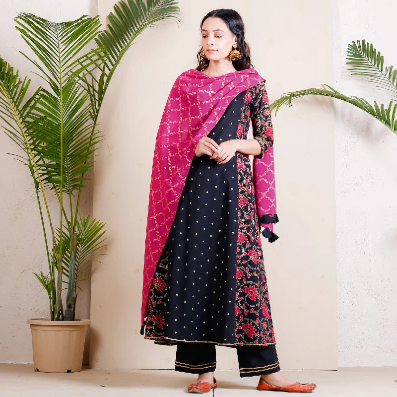 Black & Pink Lotus Printed Full Kurta Set for Women with Dupatta & Tassel Details