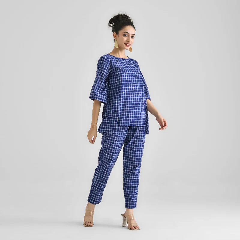 Blue Woven Cotton Co-ord Set with Slit Detail